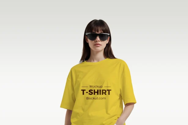 Female model wearing a plain t-shirt for showcasing design in a free fashion t-shirt mockup PSD.