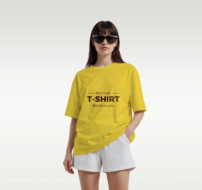 Female model wearing a plain t-shirt for showcasing design in a free fashion t-shirt mockup PSD.