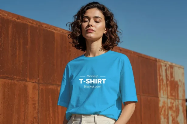 Free female t shirt mockup PSD with outdoor fashion model – editable t-shirt for apparel branding.