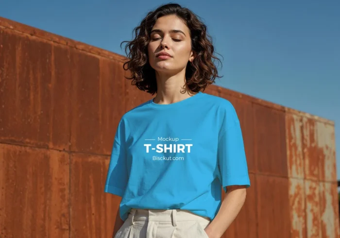 Free female t shirt mockup PSD with outdoor fashion model – editable t-shirt for apparel branding.