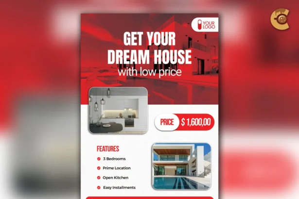 House Promotional Flyer PSD for real estate listings, A4 size, CMYK, print-ready and editable.