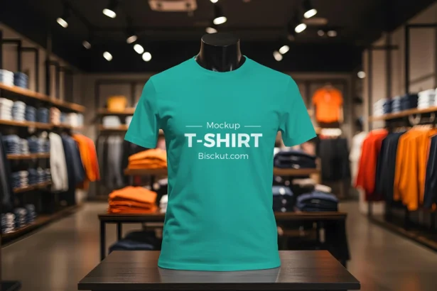T-shirt mockup on a mannequin in a shop with editable design and color using smart object in Photoshop.