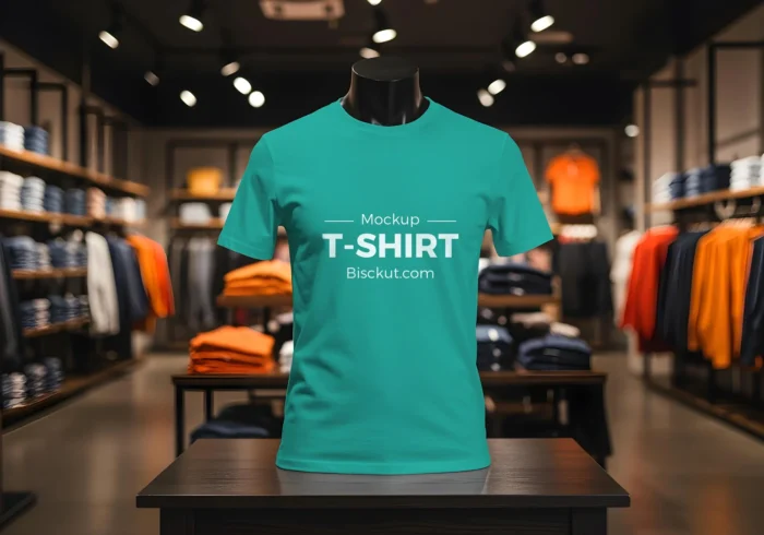T-shirt mockup on a mannequin in a shop with editable design and color using smart object in Photoshop.