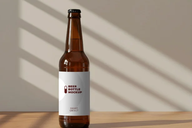 Realistic beer bottle mockup on wooden table