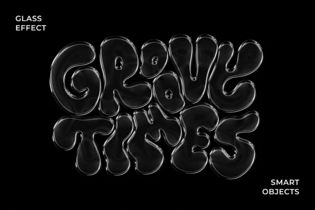 Glossy glass text effect with retro Y2K style and bold, high-shine bubble lettering.