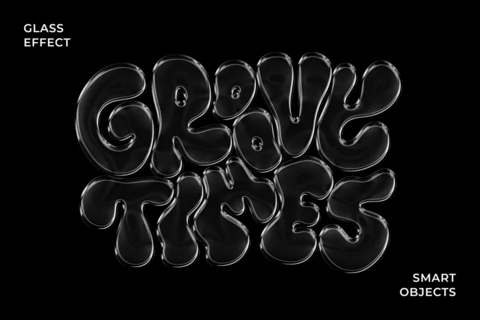 Glossy glass text effect with retro Y2K style and bold, high-shine bubble lettering.