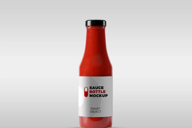 Realistic sauce bottle mockup with editable label
