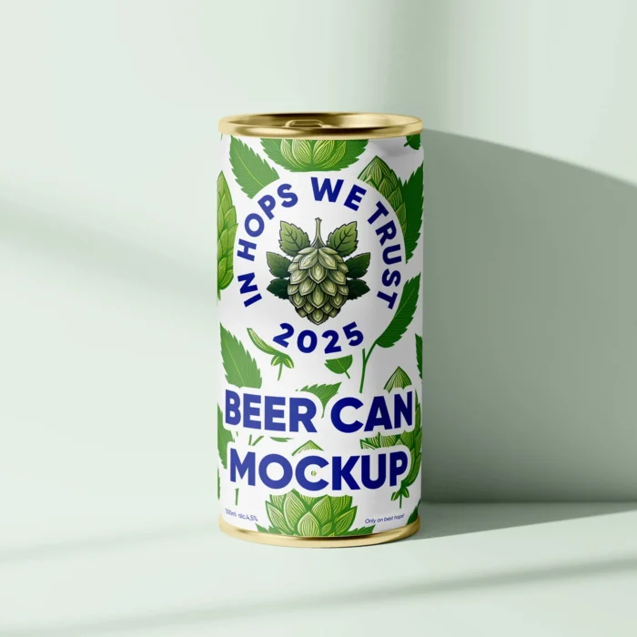 Small beer can mockup PSD with realistic shadows and editable Smart Object for label design