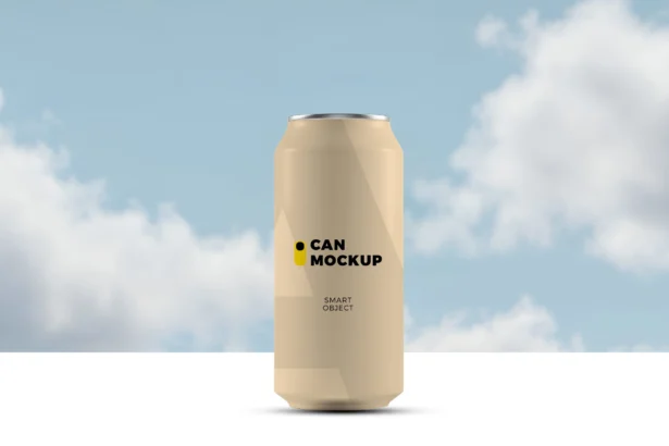 Realistic soda can mockup with customizable label design on a clean sky background