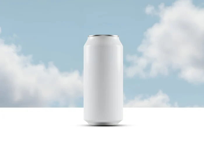 Blank white soda can mockup on sky background with realistic lighting, ready for custom label design
