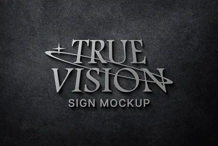 Signboard logo mockup with silver metallic embossing on concrete wall