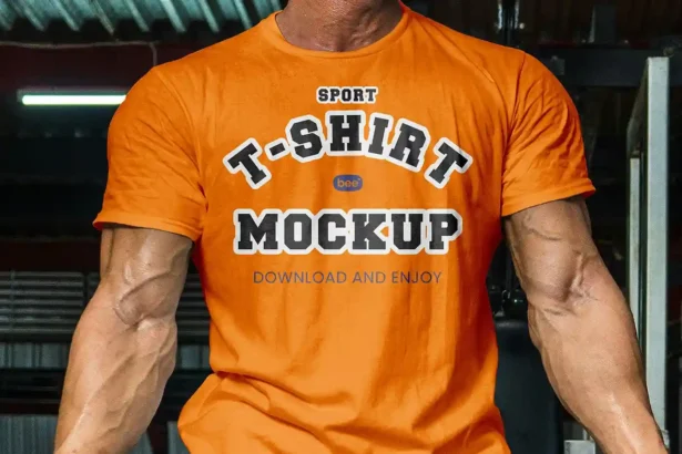 Sports T-shirt mockup with muscular model wearing custom athletic design and realistic shadows.
