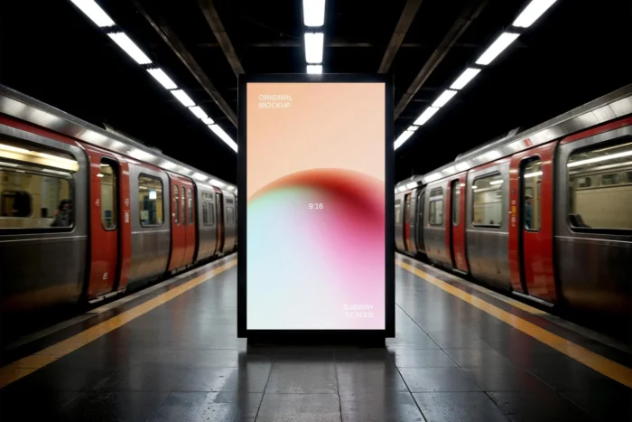 Free subway signage mockup with empty glowing sign ready for customization