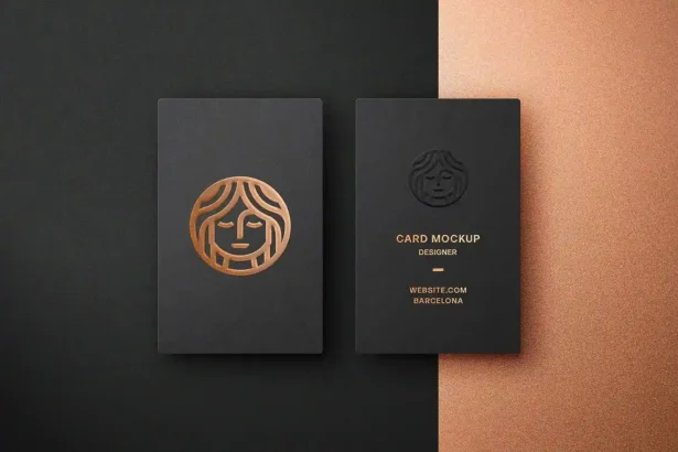 Vertical embossed business card mockup in a realistic scene