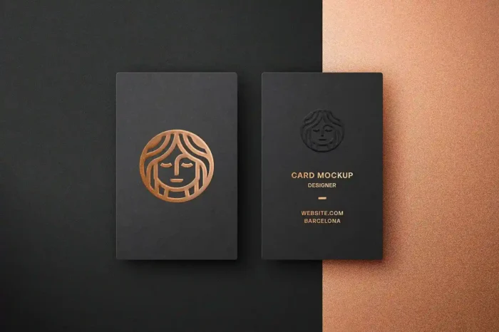 Vertical embossed business card mockup in a realistic scene