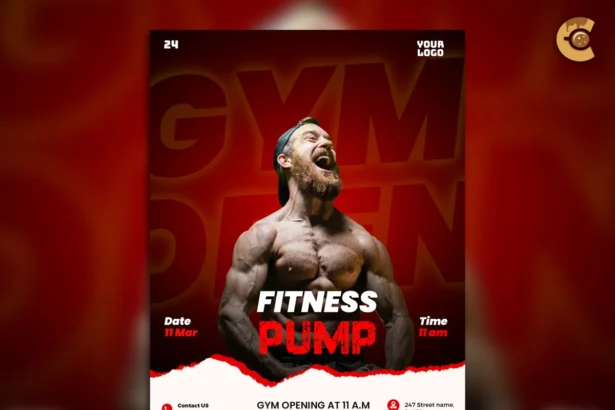 Muscular man gym opening flyer template for fitness event promotion in bold red design.
