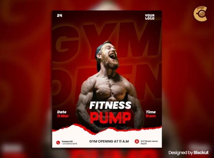 Muscular man gym opening flyer template for fitness event promotion in bold red design.