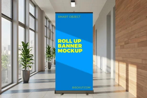 Office rollup banner mockup with realistic shadows and smart object for easy design editing.