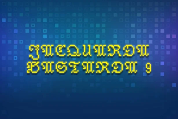 Jacquarda Bastarda 9 pixel font preview with Gothic letters and multilingual Latin characters