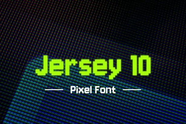 Multilingual display of Jersey 10 Pixel Font showcasing supported languages