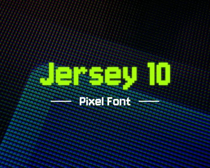 Multilingual display of Jersey 10 Pixel Font showcasing supported languages