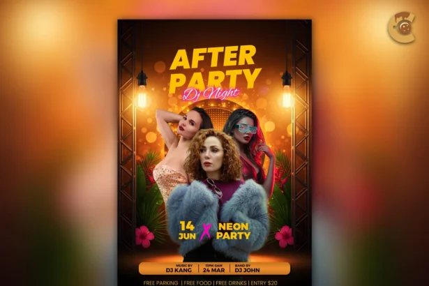 Free DJ night party flyer PSD with neon lights, models, and tropical background design.