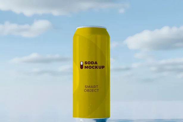Realistic can mockup with water droplets and editable label