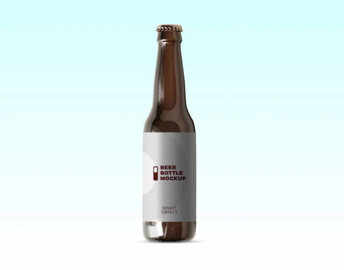 Realistic beer bottle label mockup PSD with editable label, wet texture, and custom background option.