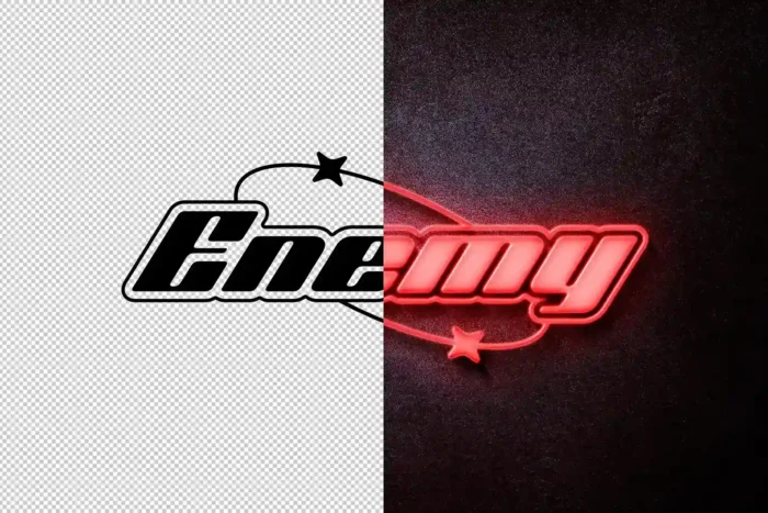 Split view of editable 'Enemy' logo mockup with neon effect and vector outline.