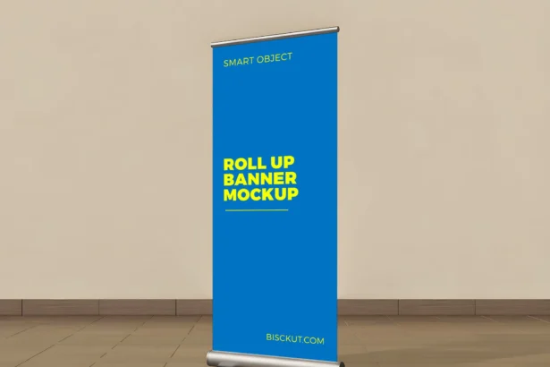Roll-up banner mockup PSD with smart object for design presentation