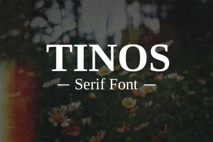 Modern luxury Tinos serif font display with multilingual support and elegant styling.