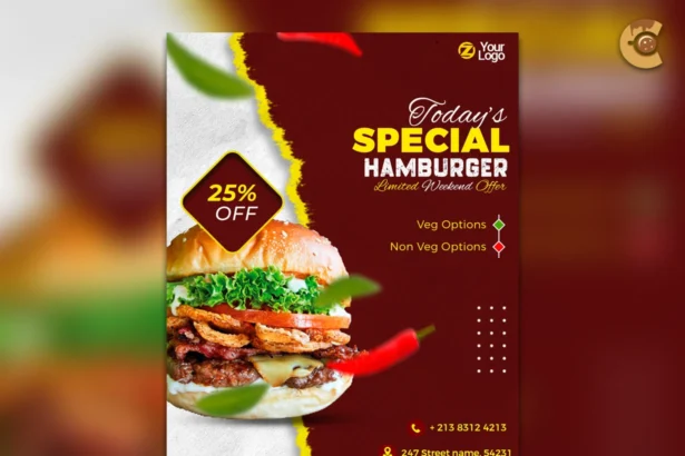 food poster free download in PSD format with hamburger – perfect for restaurant promotions