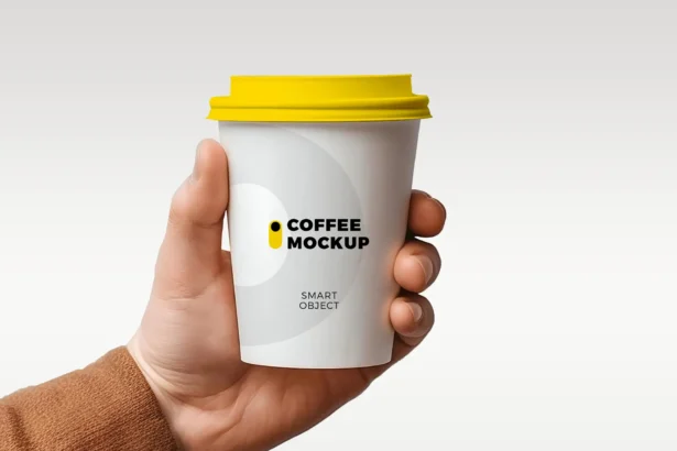 Coffee cup mockup held in hand with blank label area for branding.