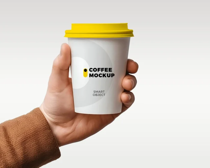 Coffee cup mockup held in hand with blank label area for branding.