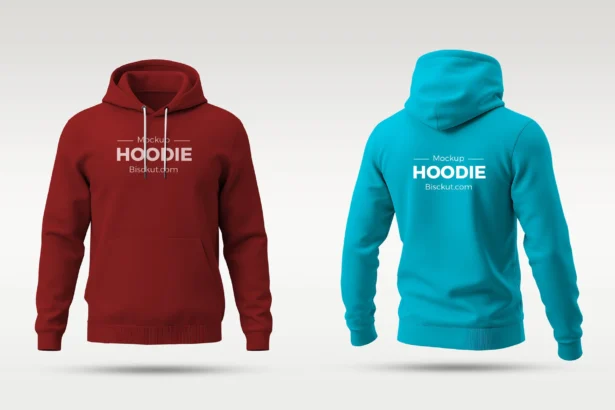 High-res PSD mockup displaying front and back hoodie in one frame, editable layers and realistic shadows for apparel branding