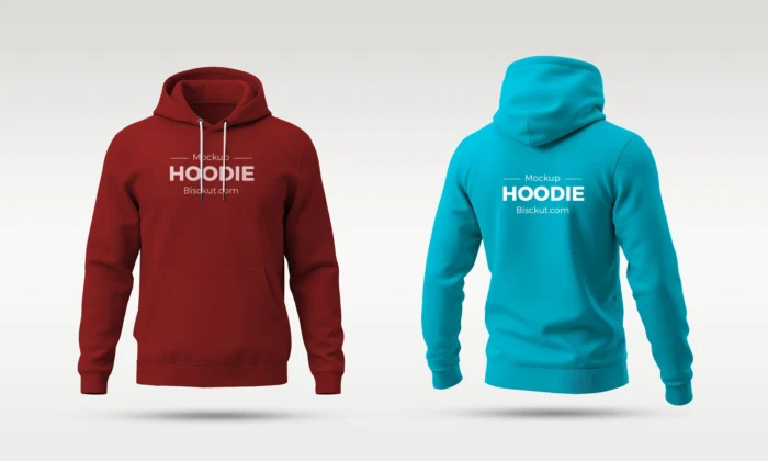 High-res PSD mockup displaying front and back hoodie in one frame, editable layers and realistic shadows for apparel branding