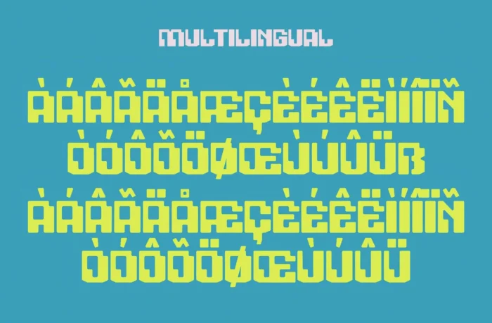 Noser font multilingual character set with retro glitch display style