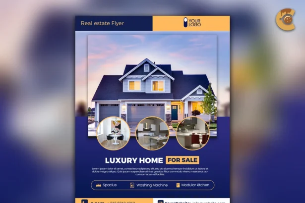 Editable real estate flyer design featuring modern home listing and contact details