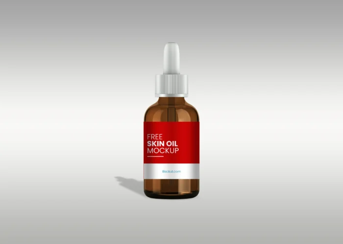 Serum oil Bottle Mockup with Red Label on Grey Background – Free PSD, Editable and Photo-Realistic for Commercial Use