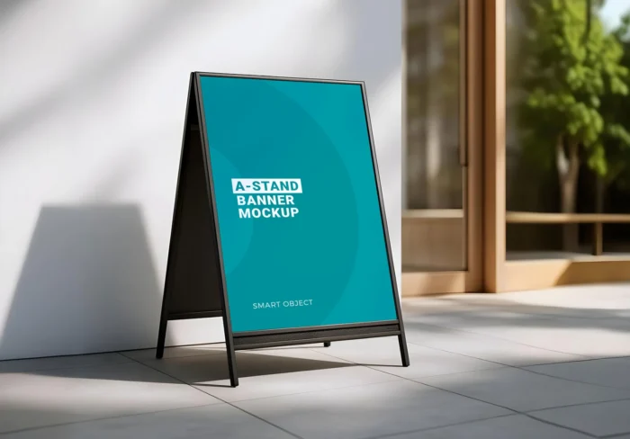 Free A-Stand mockup PSD placed outside a modern building