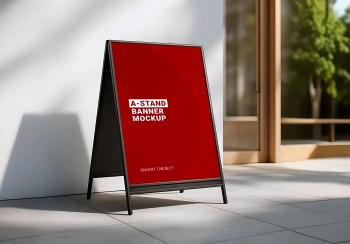 Realistic A-stand signage mockup with soft sunlight shadows