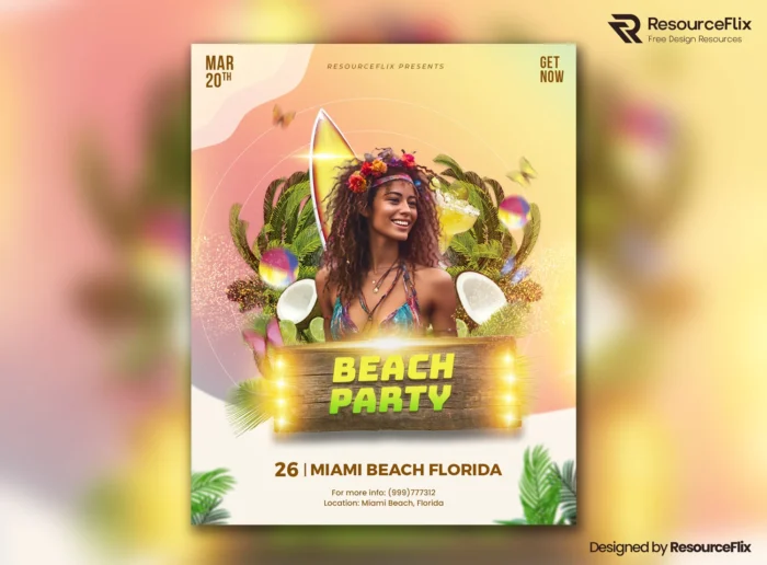Colorful tropical beach fest flyer psd with smiling woman and summer elements
