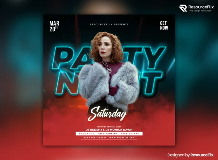 Free neon party flyer PSD template for Photoshop