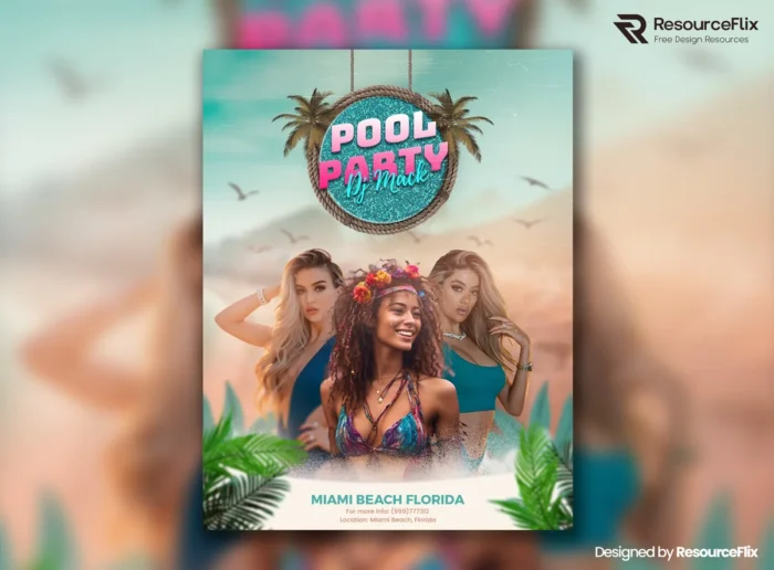 Free summer pool party flyer PSD template with beach theme