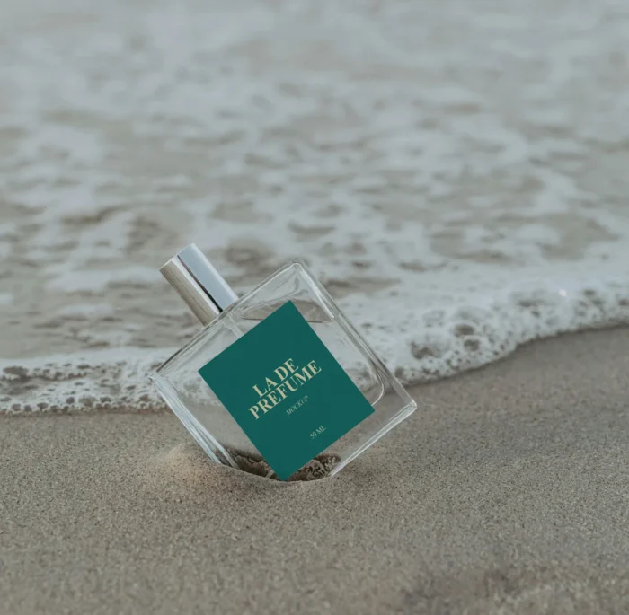 Editable beach perfume mockup with smart object layers