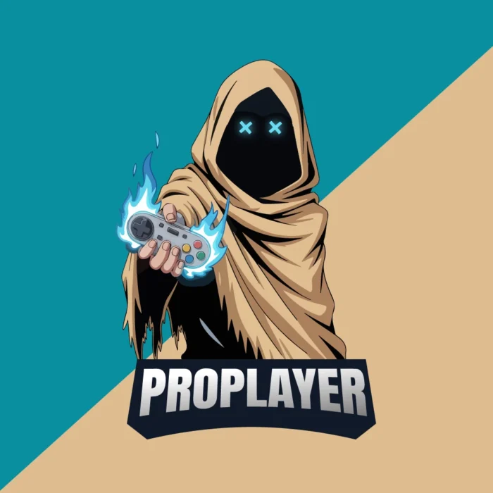 Hooded pro gamer avatar holding flaming game controller with “PROPLAYER” text, esports gaming logo on blue and beige background