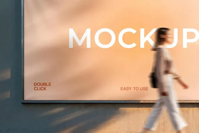 Outdoor advertising mockup with blurred passer-by