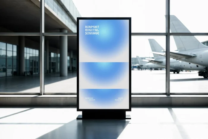 Airport digital screen mockup PSD in terminal