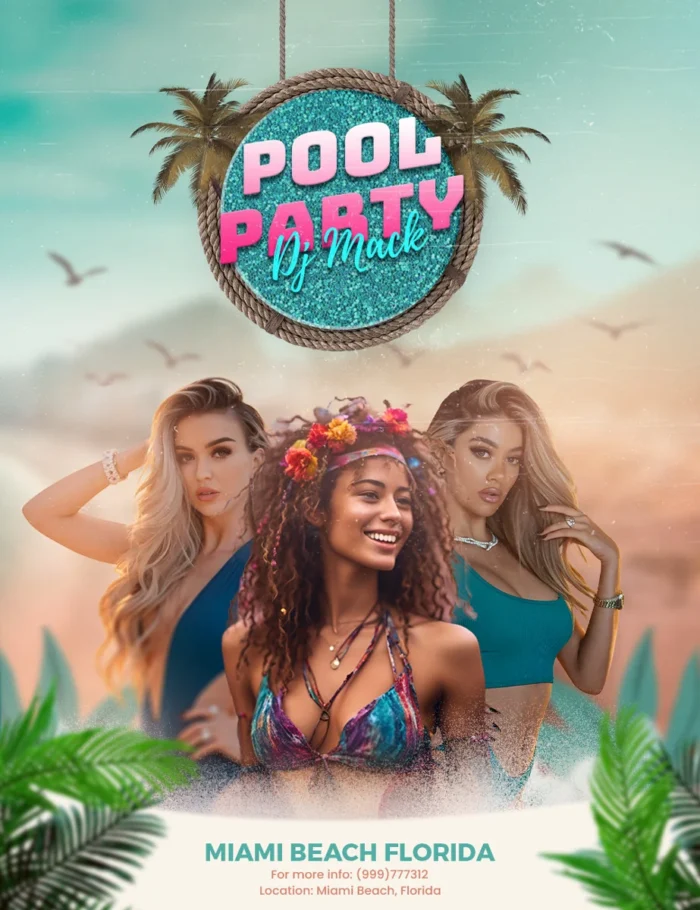 Tropical pool party flyer with vibrant design and models