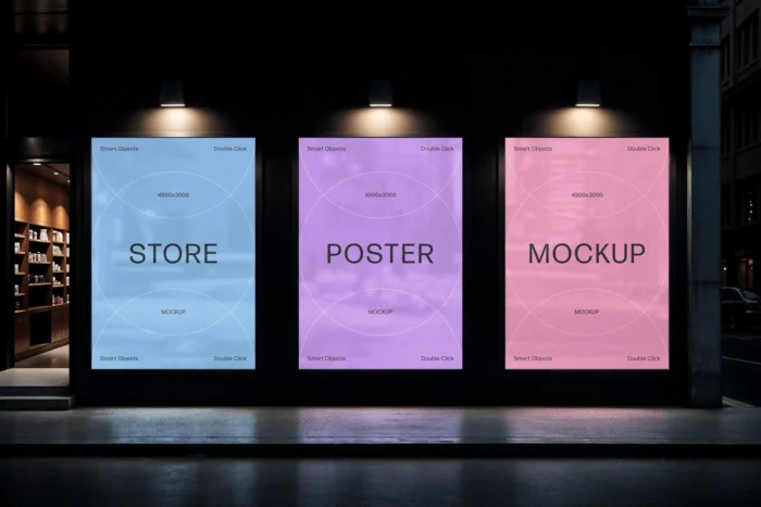 Free night glowing storefront posters mockup with cinematic warm lighting